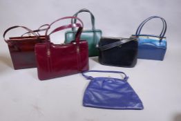 Five vintage leather handbags, and another faux leather