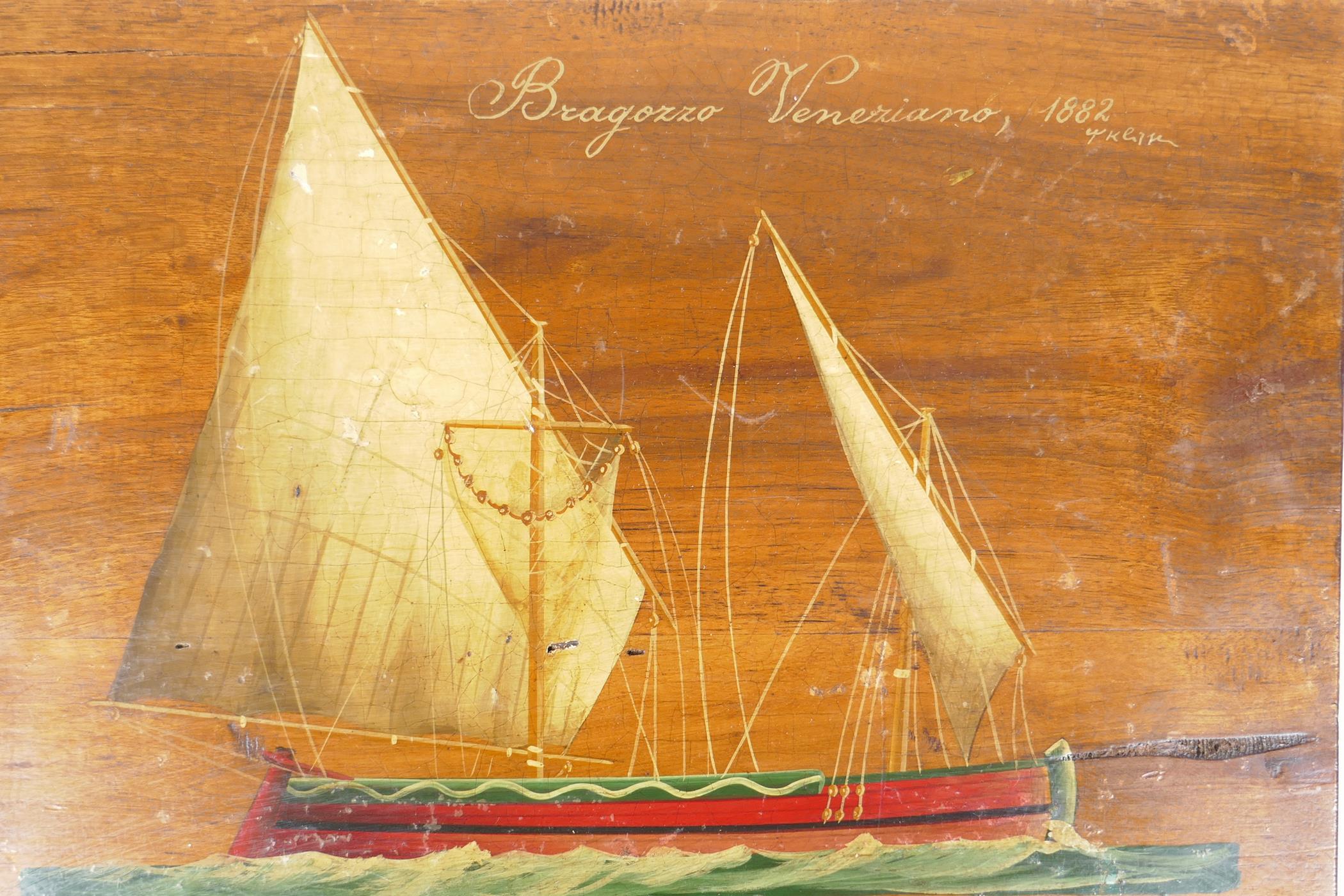 An adriatic sailing boat, 'Bragazzo Venezians, 1882' signed indistinctly, painted on a wood panel,