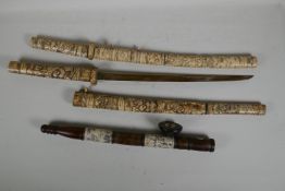 Two oriental bone Samurai Wakizashi (A/F), and a bone and hardwood opium pipe, blade length 16½"