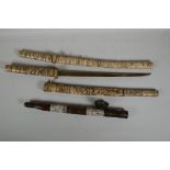 Two oriental bone Samurai Wakizashi (A/F), and a bone and hardwood opium pipe, blade length 16½"