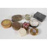 A collection of various antique and vintage trinket boxes, including tortoiseshell, brass, antimony,
