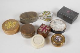 A collection of various antique and vintage trinket boxes, including tortoiseshell, brass, antimony,