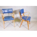 A pair of mid century 'Benchairs' beechwood open arm chairs, with vinyl seats and backs
