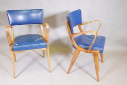 A pair of mid century 'Benchairs' beechwood open arm chairs, with vinyl seats and backs