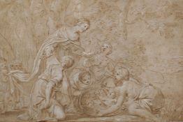 An C18th brown ink and wash drawing highlighted with white depicting the finding of Moses, signed