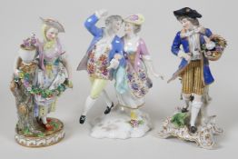 Three C19th Continental porcelain figurines, 7" high, A/F