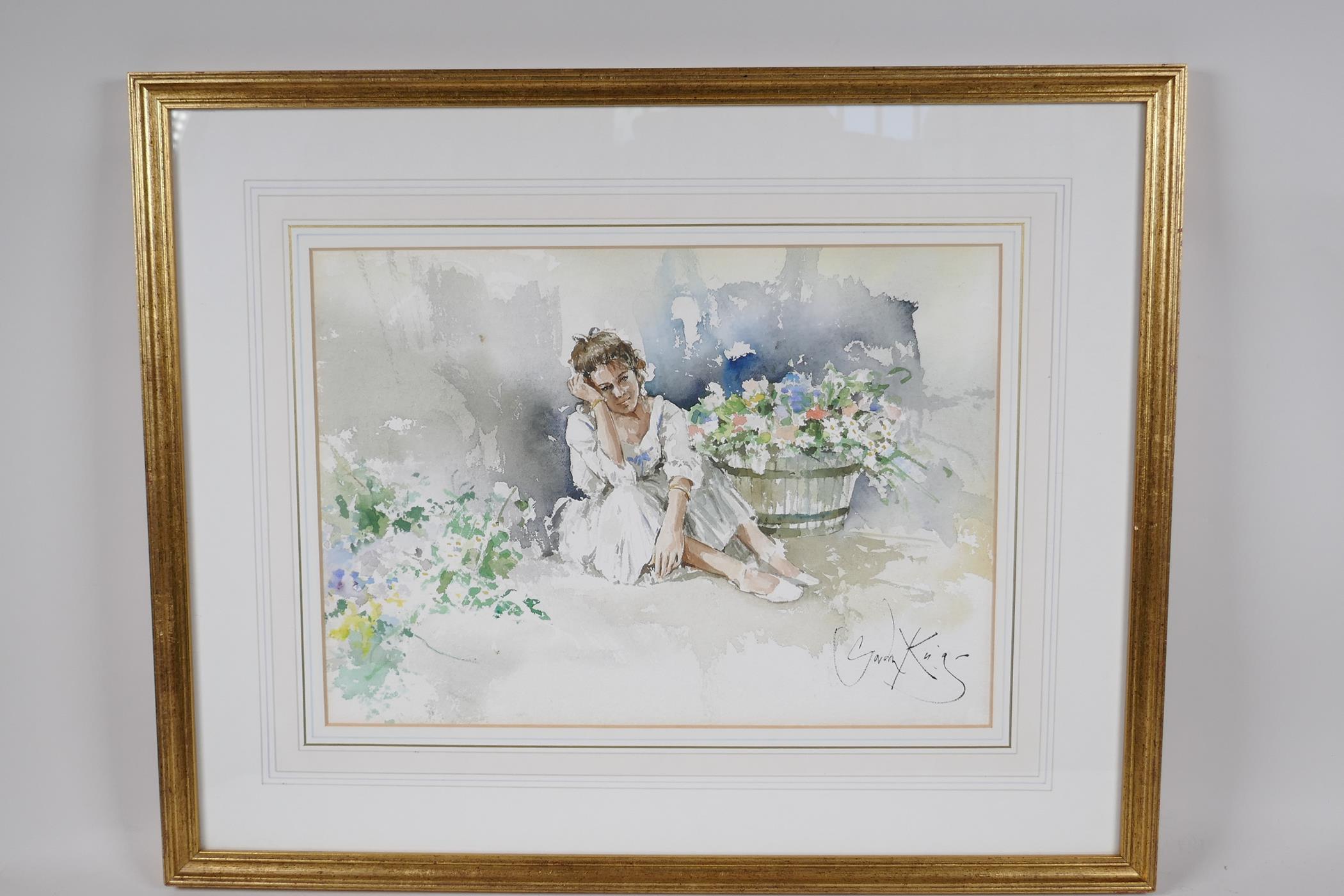 Gordon King, portrait of a young lady by a tub of flowers, signed, watercolour, 10" x 14" - Image 2 of 3