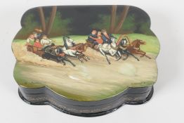 A Russian papier mache trinket box, the cover  painted with two families in Troika's, 5½" wide x 4½"