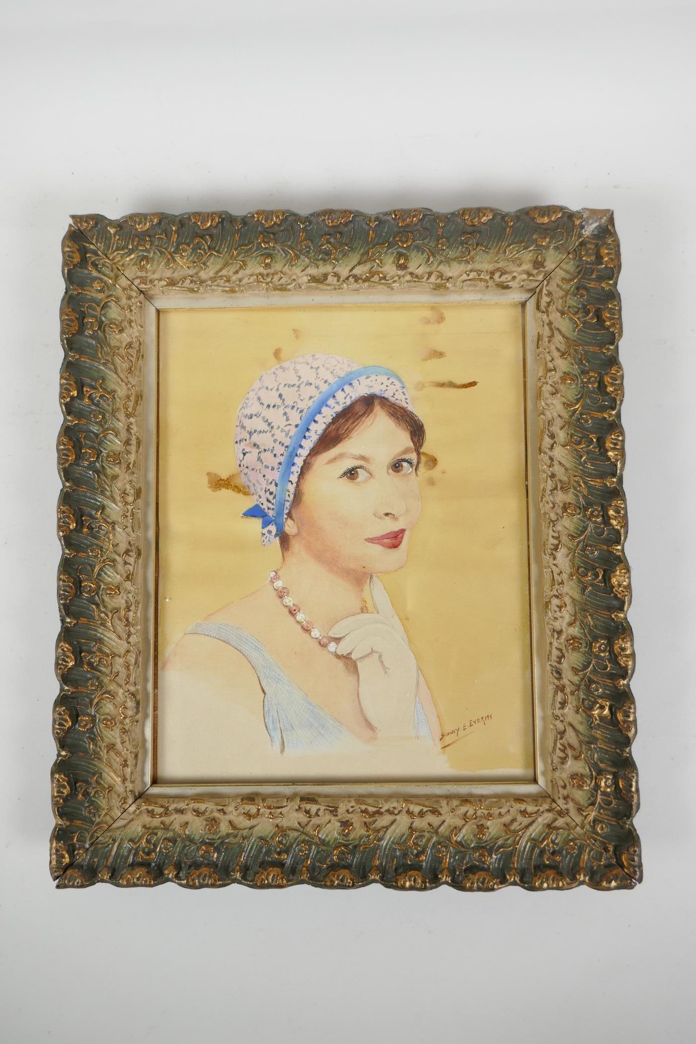 Sidney E. Everitt, portrait of a lady in a hat, circa 1920, watercolour, 7" x 9" - Image 3 of 4