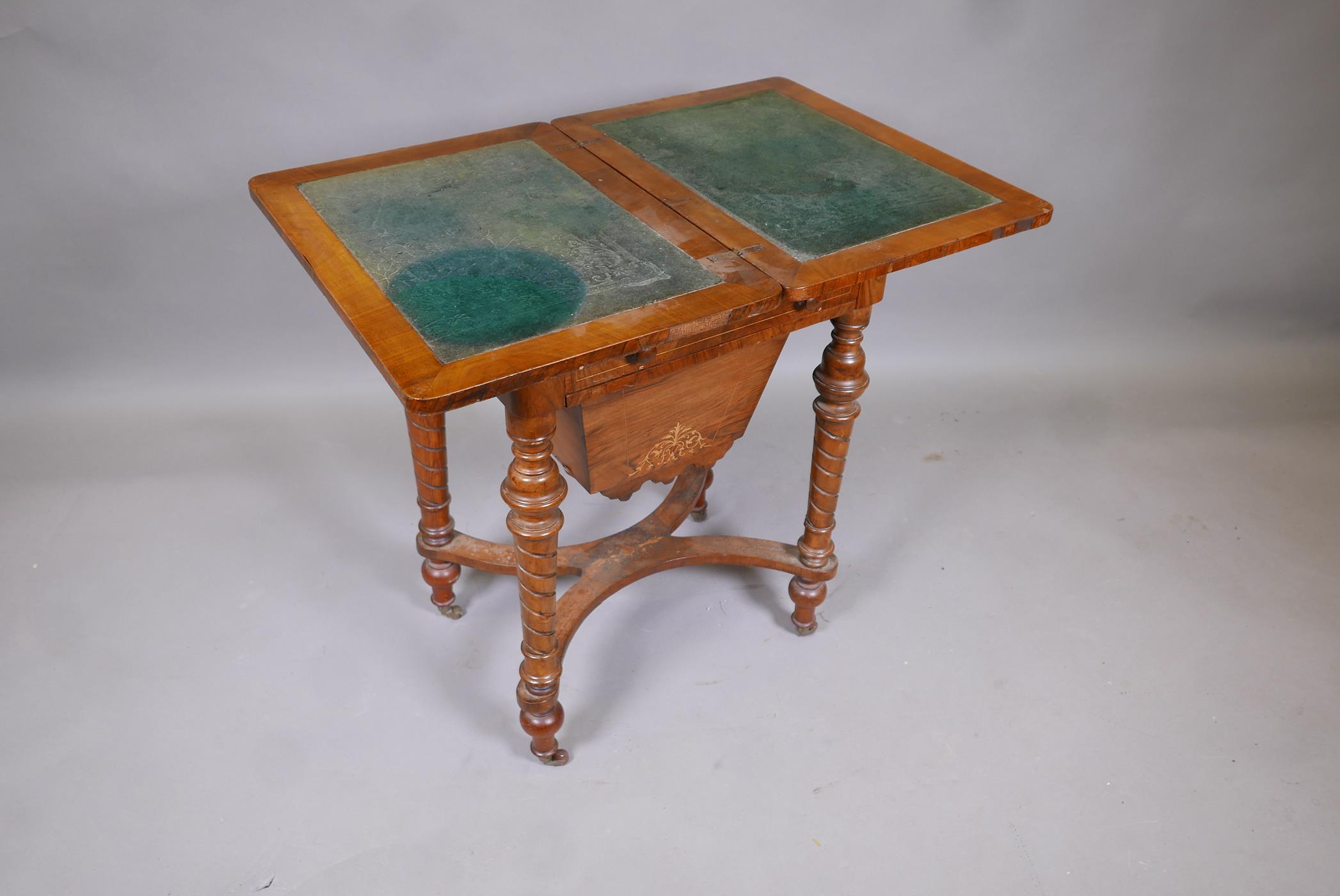 A C19th inlaid walnut work box, with fold out top inset with baize, frieze drawers and pull out - Image 2 of 3