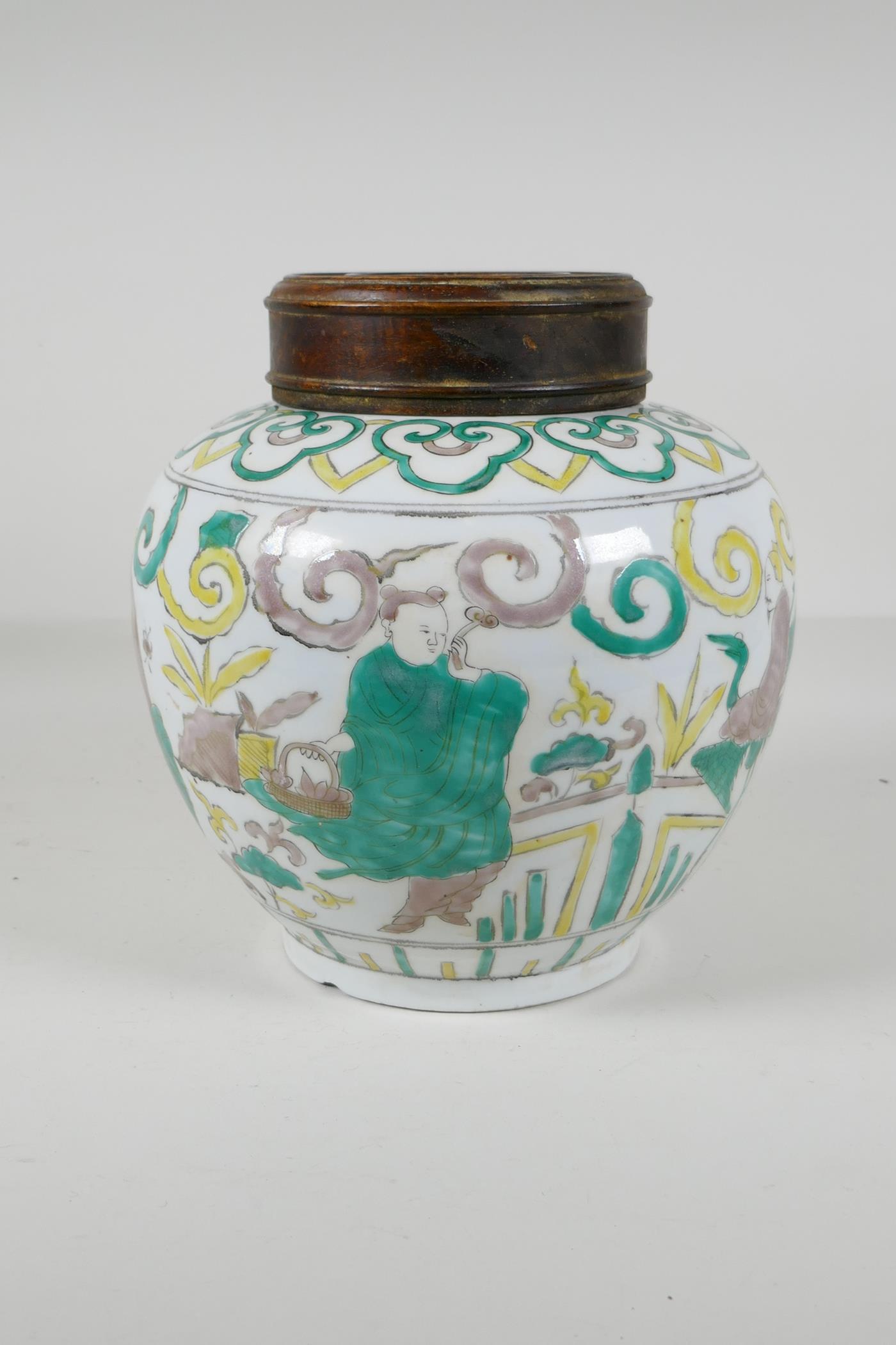 A Chinese Sancai glazed porcelain ginger jar with a turned wood cover, decorated with figures riding - Image 3 of 8