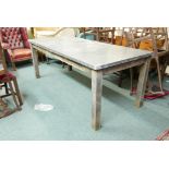 A mid century industrial zinc topped work table with bolt on legs, 80" x 36" x 30"