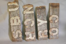 Architectural salvage, a weathered wood Railway station sign with cast iron letters, Congresbury