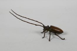 A Japenese Jizai style bronze insect with articulated limbs, antenna & carapace, 5½" long