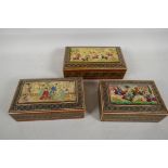 Three graduated Persian micro mosaic cigarette boxes, the covers painted with hunting, polo and