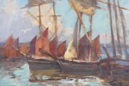 George Boyle signed oil on panel, 'Fishing Boats at Anchor', 10" x 14"