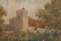 A rural scene with church and pond, C19th watercolour, 10" x 8"