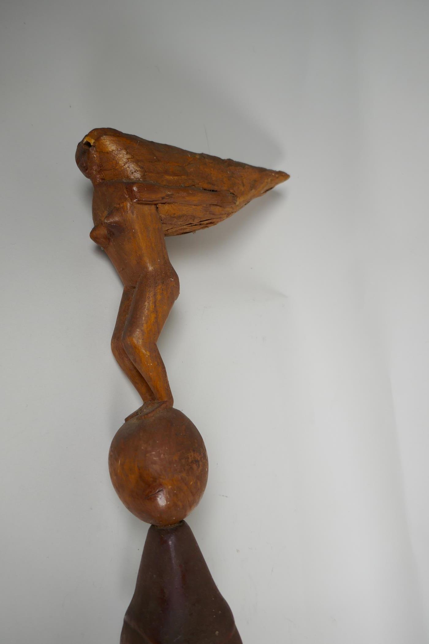 An African wood walking stick, with carved wood head with hedgerow shaft and later handle, 43" long - Image 4 of 4