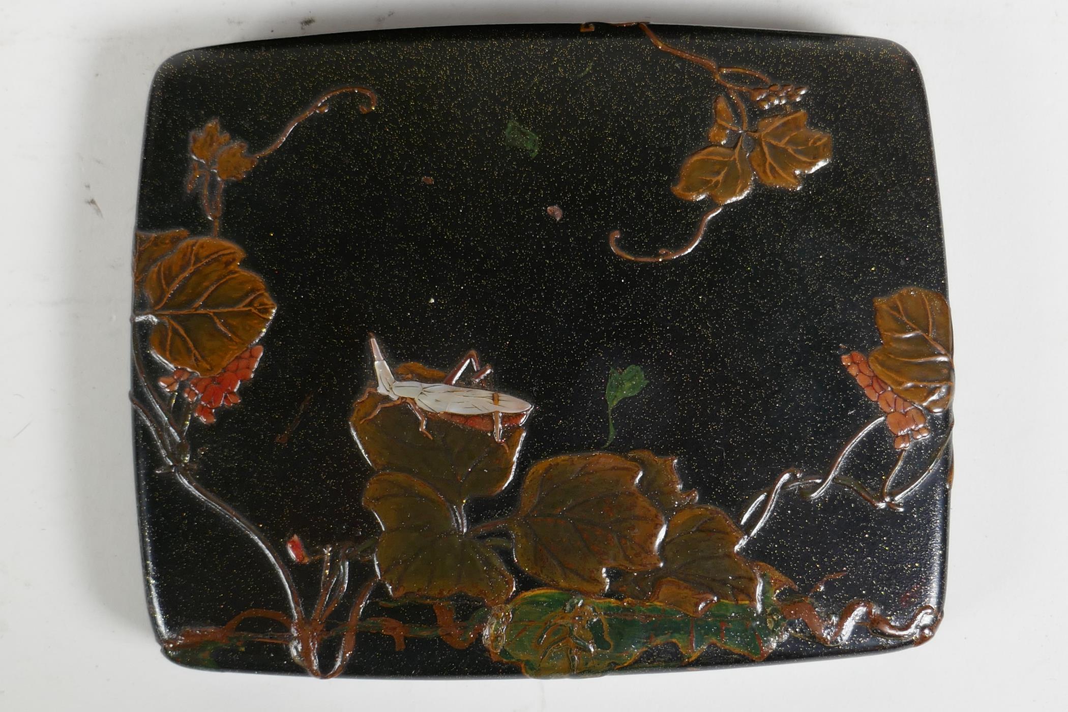 A Japanese Meiji period lacquer box with shibayama inlaid insect decoration, repaired, 6½" x 5" - Image 3 of 4