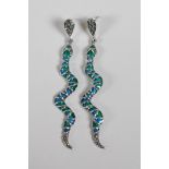 A pair of silver & plique a jour drop earrings in the form of snakes, 3" drop