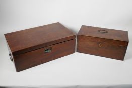 A C19th mahogany writing box for restoration, 16" x 9½" x 6", together with a C19th rosewood two