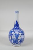 A blue & white porcelain bottle vase with decorative panels, depicting objects of virtue & kylin,