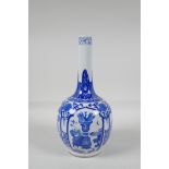 A blue & white porcelain bottle vase with decorative panels, depicting objects of virtue & kylin,