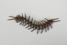 A Japenese Jizai style bronze centipede, with an articulated body, 6" long