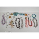 A quantity of costume jewellery, including coral and turquoise beads, diamante etc
