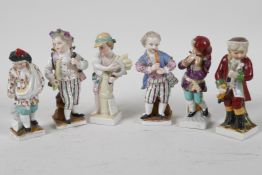 Six Meissen porcelain figurines, three musicians and three others, with some faults, 4" high