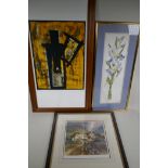 A mixed media painting on silk, Irises, signed, together with a McDonald limited edition print, '