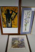 A mixed media painting on silk, Irises, signed, together with a McDonald limited edition print, '