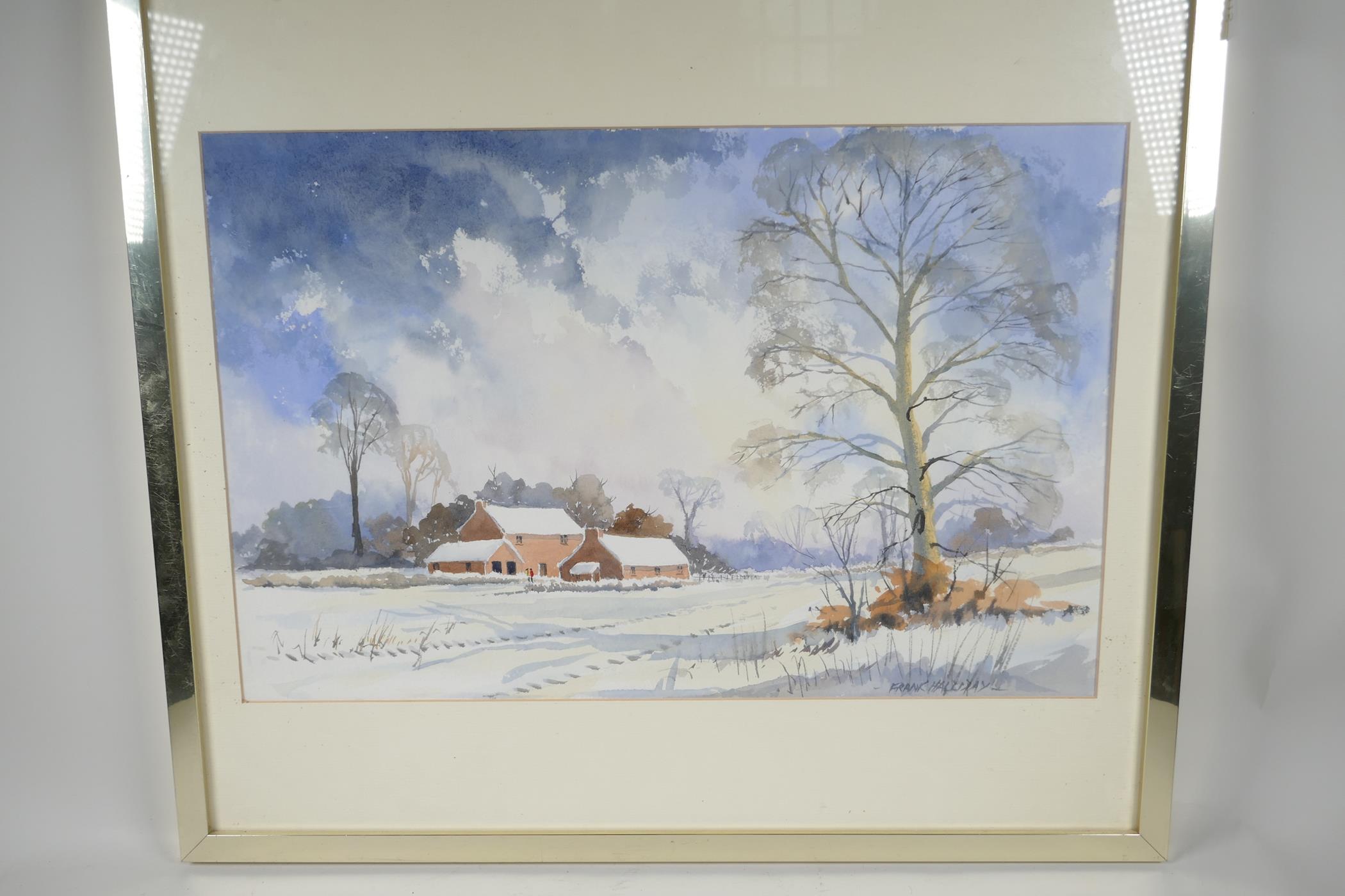 Frank Halliday, snow covered rural landscape, with farm buildings, signed watercolour, 21" x 14" - Image 2 of 3