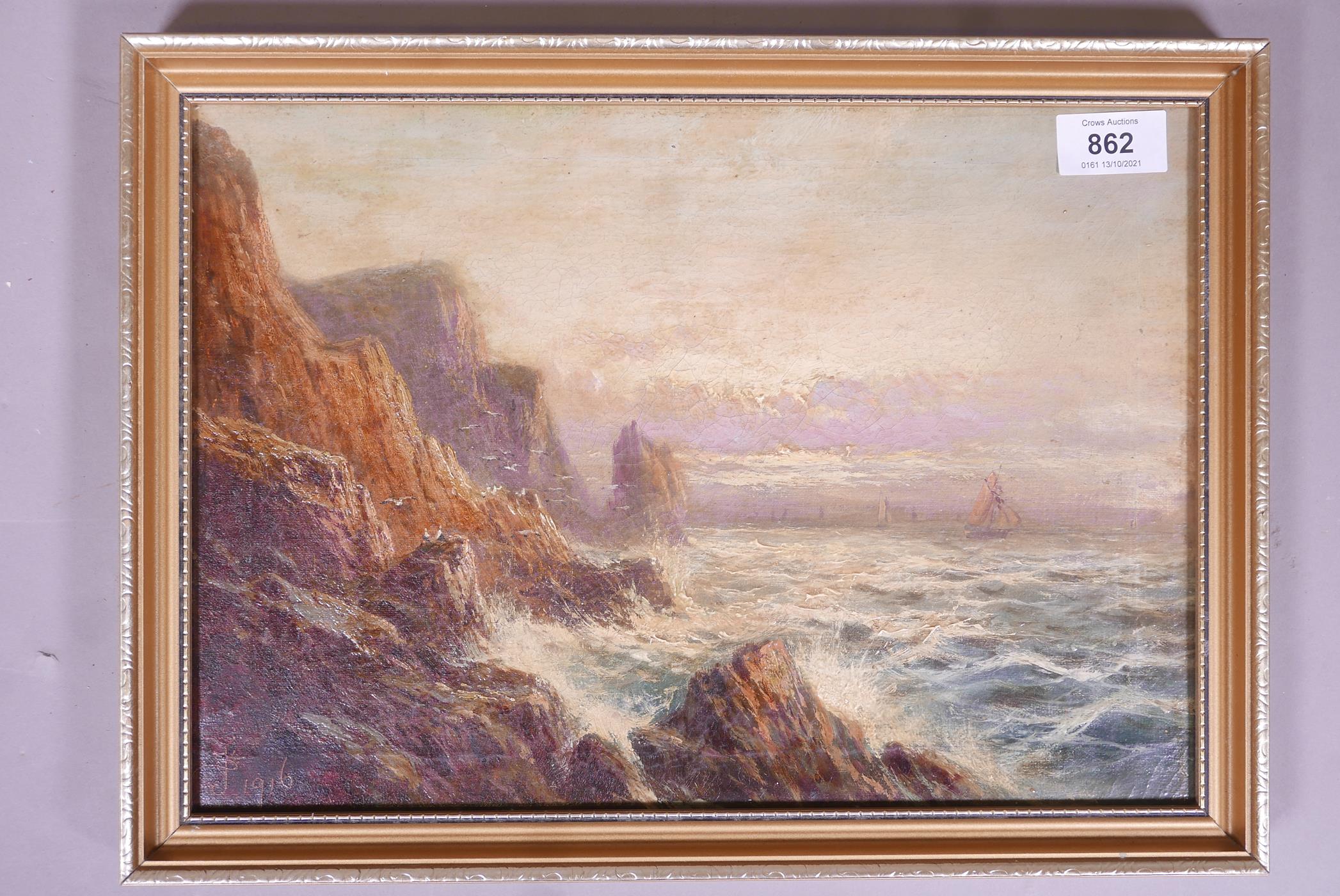 Rocky coastline with sailing ships, oil canvas, signed with a monogram and dated 1916, 14" x 10" - Image 2 of 4