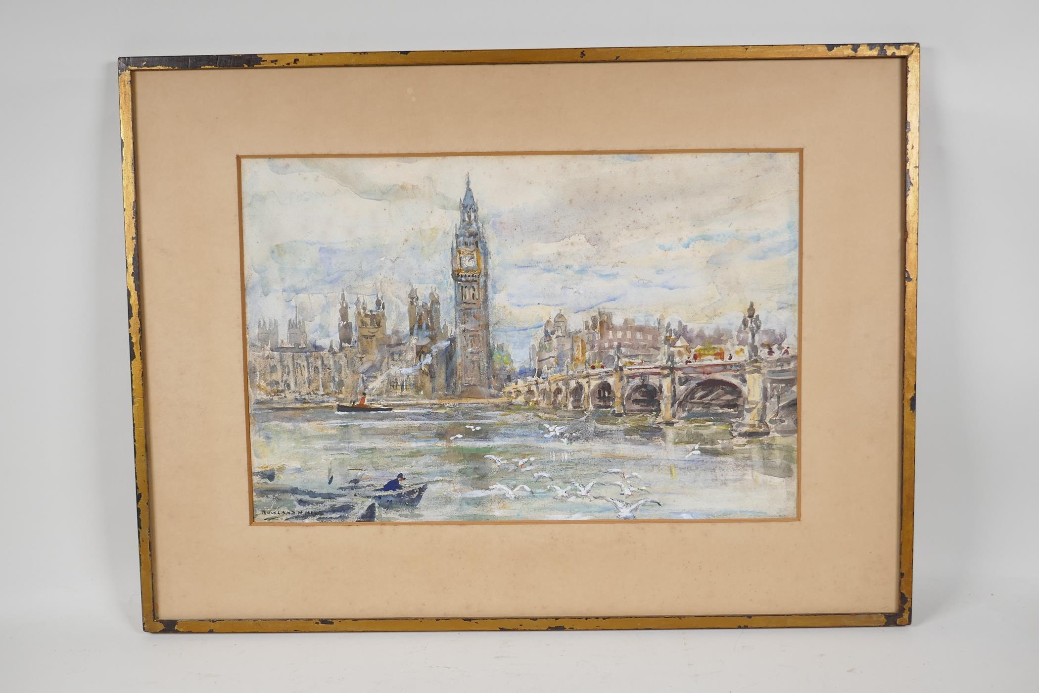 Rowland N. Hill, The Thames at Westminster, signed, watercolour and gouache, " 10½" x 15½" - Image 2 of 5