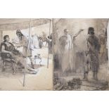 A pair of ink and wash drawings, stories of life in ancient Rome, 10½" x 14", initialled H.M.P