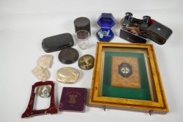 A collection of miscellaneous items including a framed burr yew cigarette case, opera glasses,