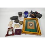 A collection of miscellaneous items including a framed burr yew cigarette case, opera glasses,