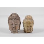 A painted ceramic Buddha head & another similar,  largest 4" high