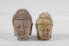 A painted ceramic Buddha head & another similar,  largest 4" high