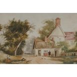 Farmhouse by a country lane, C19th naive watercolour, 15" x 9"