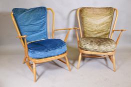 A pair of Ercol blonde beechwood Windsor open arm chairs