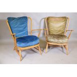 A pair of Ercol blonde beechwood Windsor open arm chairs
