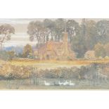 A C19th watercolour drawing of a remote farm house, with a duckpond to foreground, 8½" x 5"