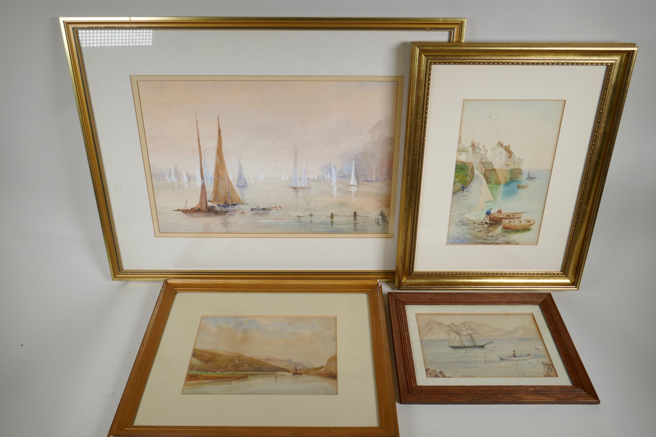 Four C19th/early C20th watercolours, to include a Cornish harbour scene by A. Galliford and 'Peace - Image 5 of 5