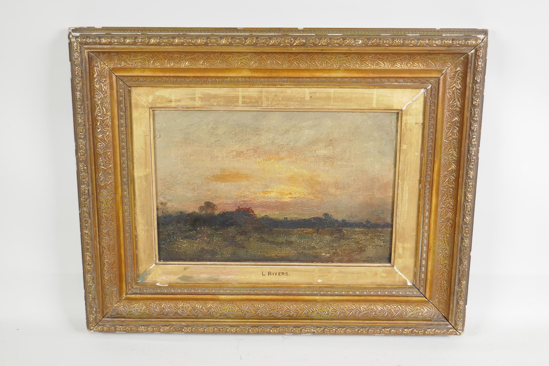 Leopold Rivers, (attributed on frame), rural landscape at dusk, C19th oil on panel, 12" x 8" - Image 4 of 6