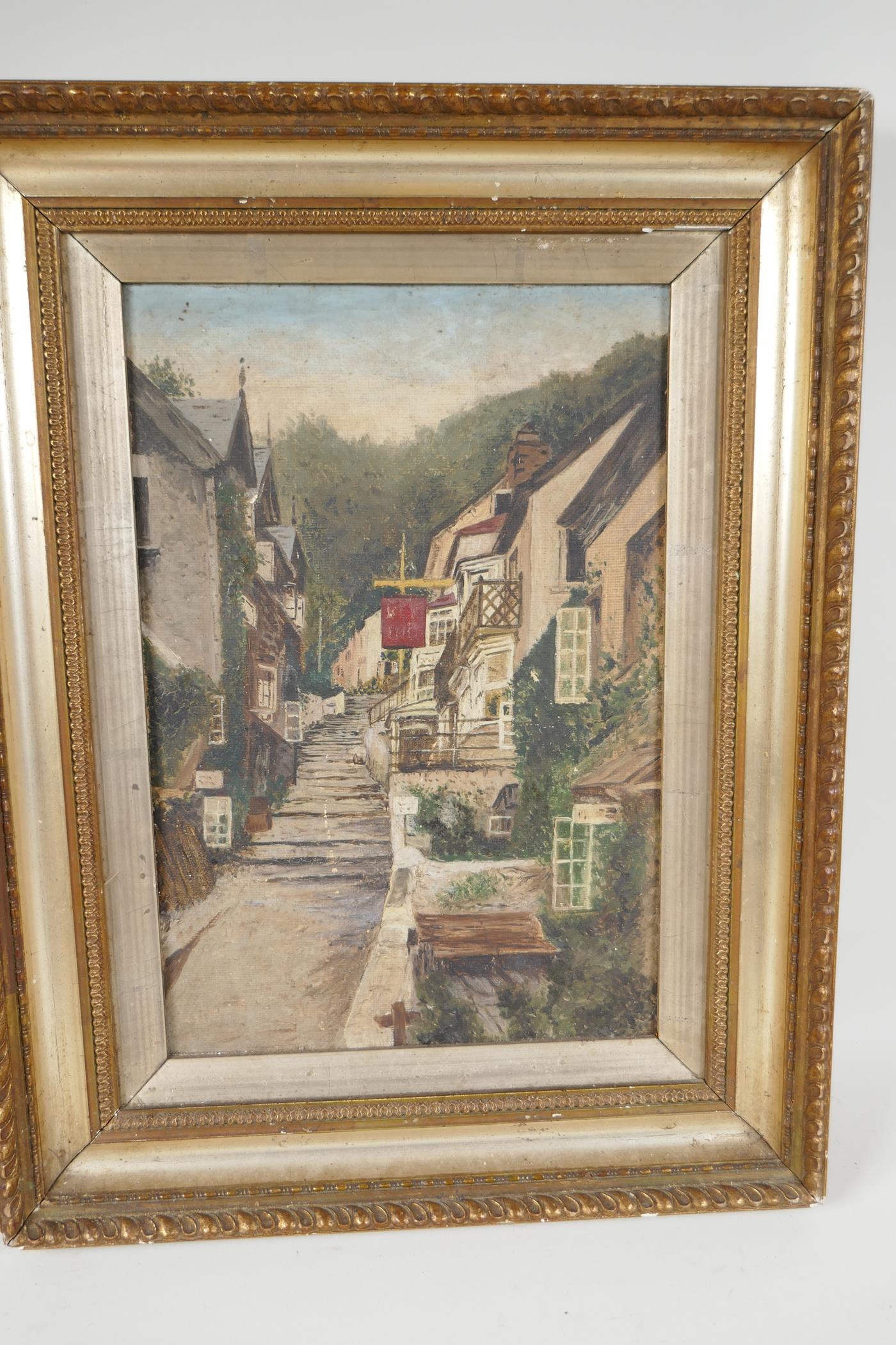 Steps through a village street, oil on panel, 7½" x 11½" - Image 3 of 3
