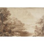 A lake scene, possibly James Duffield Harding, late C18th/early C19th monochrome watercolour,  17" x