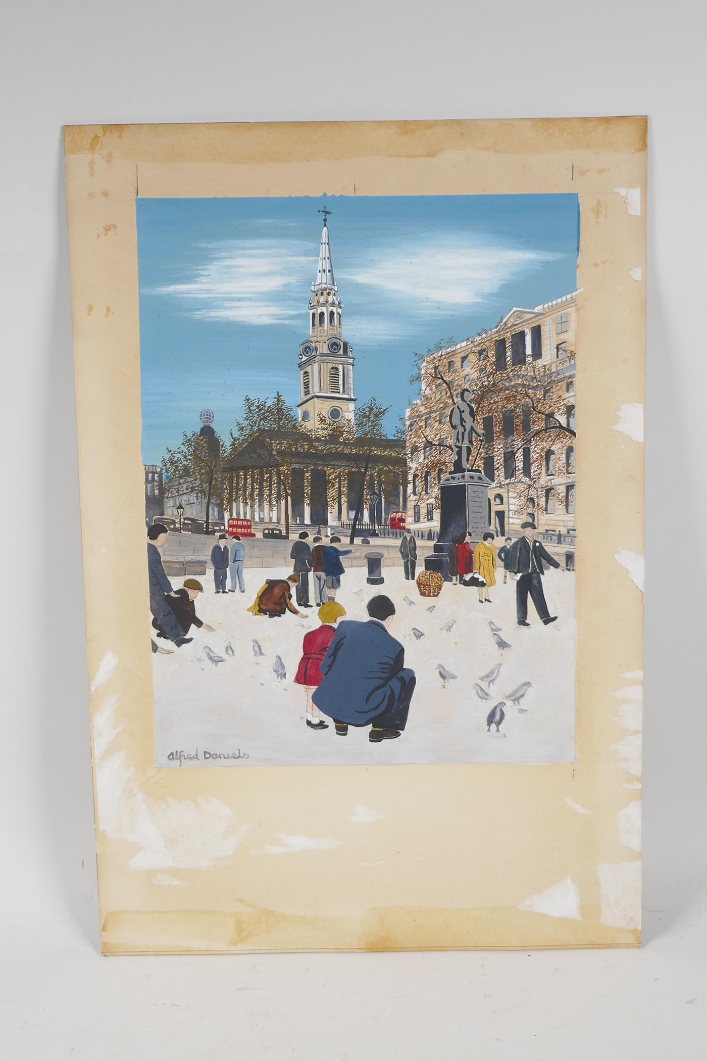 Feeding the Birds, Trafalgar Square, signed Alfred Daniels, gouache, 12" x 9", unframed - Image 2 of 3