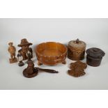 Two carved wood tobacco jars, a half barrel shaped wood bowl with copper bands and Black Forrest